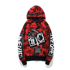 The male Red Sweater Hoodie hat ChaoLian camouflage plus velvet thickened winter hip hop tide Lovers Europe Street Hoodie 3XL Red camouflage