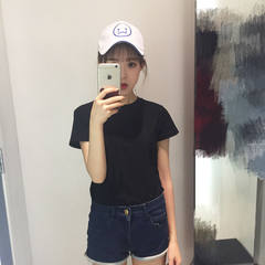 The new summer T-shirt color female short sleeved Korean fan slim slim all-match shorts jacket casual T-shirt students tide F black