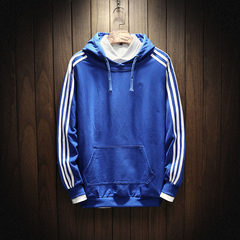 Korean male students BF loose sweater tide ulzzang head hooded stripe with chic long sleeved cashmere in autumn and winter 3XL blue