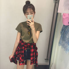 The new summer T-shirt color female short sleeved Korean fan slim slim all-match shorts jacket casual T-shirt students tide F Army green