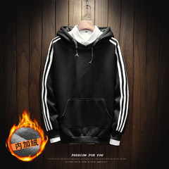 Korean male students BF loose sweater tide ulzzang head hooded stripe with chic long sleeved cashmere in autumn and winter 3XL Black (with velvet)