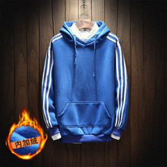 Korean male students BF loose sweater tide ulzzang head hooded stripe with chic long sleeved cashmere in autumn and winter 3XL Blue (with velvet)