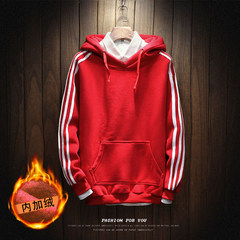 Korean male students BF loose sweater tide ulzzang head hooded stripe with chic long sleeved cashmere in autumn and winter 3XL Red (with velvet money)