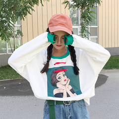 Autumn dress Korean cartoon breaking through loose rope long sleeved Pullover Sweater T-shirt no thin cap top students F white