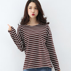 Female striped shirt sleeved 2017 new winter coat cotton loose Korean large code all-match thickened bottoming shirt S Coffee