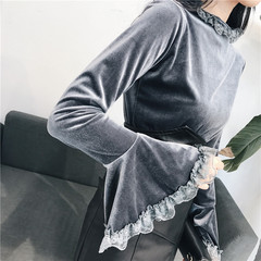 The horn sleeve top female jinsirong 2017 autumn Korean students all-match winter long sleeved shirt female T-shirt F gray