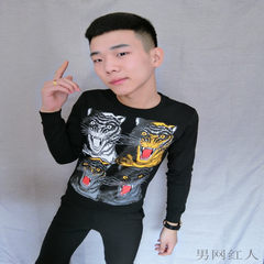Social spiritual guy T-SHIRT - long sleeved Reds Li Yaoyang with slim Korean tiger head sweater tide 3XL Suede Black