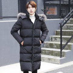 Korean long down jacket winter men male knee thickening code motion long paragraph Fur Hoodie tide 3XL Coffee collar