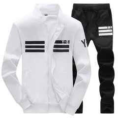 Autumn and winter clothes are a set of Korean men's sports and leisure fashion handsome students sweater coat plus velvet 2XL LN-Q8 black pants in white