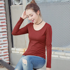 Black shirt with long sleeves and slim female all-match with pure white T-shirt cotton cashmere tunic autumn clothes 3XL Brick red