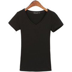 Korean female summer T-shirt slim V collar shirt sleeve body tight T-shirt dress color white half M[86-96 Jin] Black [V collar]