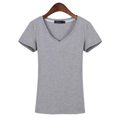 Korean female summer T-shirt slim V collar shirt sleeve body tight T-shirt dress color white half M[86-96 Jin] Grey [V collar]