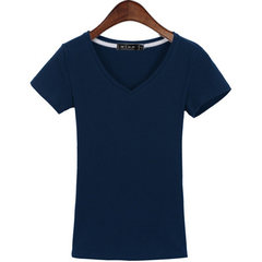 Korean female summer T-shirt slim V collar shirt sleeve body tight T-shirt dress color white half M[86-96 Jin] Blue collar [V]