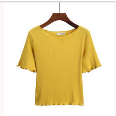 White t-shirt female autumn seven cents, trumpet sleeve slim slim coat, tight knit bottoming shirt, short sleeved Korean version S Bright yellow