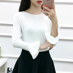 White t-shirt female autumn seven cents, trumpet sleeve slim slim coat, tight knit bottoming shirt, short sleeved Korean version S white