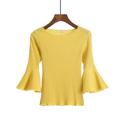 White t-shirt female autumn seven cents, trumpet sleeve slim slim coat, tight knit bottoming shirt, short sleeved Korean version S yellow