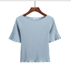 White t-shirt female autumn seven cents, trumpet sleeve slim slim coat, tight knit bottoming shirt, short sleeved Korean version S Light blue