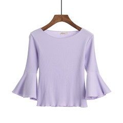White t-shirt female autumn seven cents, trumpet sleeve slim slim coat, tight knit bottoming shirt, short sleeved Korean version S violet