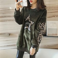 Fat fat mm XL Womens jinsirong cashmere T-shirt in the long and loose sweater shirt 200 pounds in winter 3XL Five pointed star with cashmere thickening green