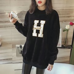 Fat fat mm XL Womens jinsirong cashmere T-shirt in the long and loose sweater shirt 200 pounds in winter 3XL H letter with cashmere thickening black