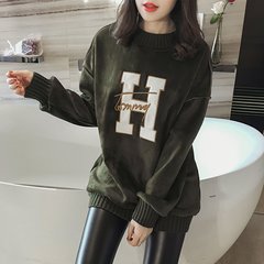 Fat fat mm XL Womens jinsirong cashmere T-shirt in the long and loose sweater shirt 200 pounds in winter 3XL H letter with cashmere thickening green
