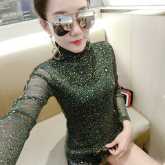 2017 in spring and Autumn New Korean all-match lace jacket backing small shirt slim long sleeved T-shirt women wear clothes 3XL Ink green [888#]