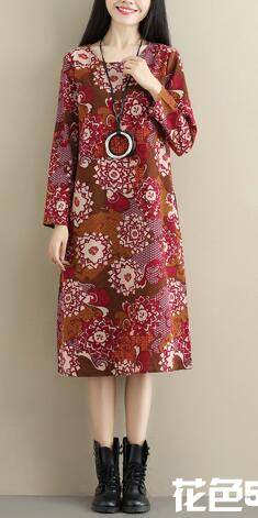 Folk style new women's long sleeved cotton and cashmere large thick printing art RETRO linen dress dress code M 5 velvet