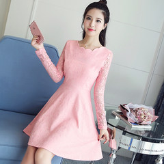 Lace dress 2017 autumn and winter new women's dress slim waist slim, long sleeved base skirt thickening S (free trial for gift insurance) Pink (regular)