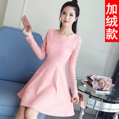 Lace dress 2017 autumn and winter new women's dress slim waist slim, long sleeved base skirt thickening S (free trial for gift insurance) Pink [with velvet]