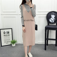 Winter dress female knitted skirt thickened two piece in the wind, long sleeved long knee sling sweater dress autumn XL code (suitable for 120 Jin -140 Jin) Alphabet skirt + white stripe