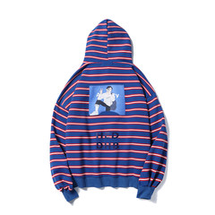 Korean new autumn stripe printed jumper men loose sleeved Hoodie sweater tide sports personality M blue