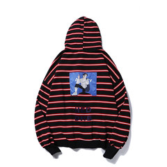 Korean new autumn stripe printed jumper men loose sleeved Hoodie sweater tide sports personality M black
