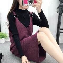 Winter dress female knitted skirt thickened two piece in the wind, long sleeved long knee sling sweater dress autumn XL code (suitable for 120 Jin -140 Jin) Bow purple + black sweater bottoming