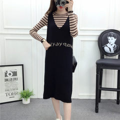 Winter dress female knitted skirt thickened two piece in the wind, long sleeved long knee sling sweater dress autumn XL code (suitable for 120 Jin -140 Jin) Letter skirt black + Khaki stripe backing