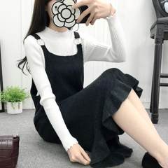 Winter dress female knitted skirt thickened two piece in the wind, long sleeved long knee sling sweater dress autumn XL code (suitable for 120 Jin -140 Jin) Fungus black ash + white sweater bottoming