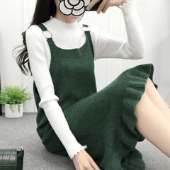 Winter dress female knitted skirt thickened two piece in the wind, long sleeved long knee sling sweater dress autumn XL code (suitable for 120 Jin -140 Jin) Dark green sweater + white fungus primer