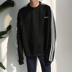 The autumn wind wind port BF - head of Korean Harajuku all-match young men striped jacket sweater solid tide S black