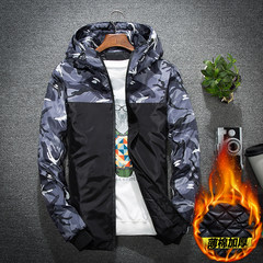 2017 autumn and winter new camouflage jacket jacket, male tide Korean version, handsome splicing cap coat, student sports autumn outfit 3XL 6682 grey cotton thickening