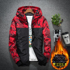 2017 autumn and winter new camouflage jacket jacket, male tide Korean version, handsome splicing cap coat, student sports autumn outfit 3XL 6682 red cotton thickening