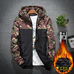 2017 autumn and winter new camouflage jacket jacket, male tide Korean version, handsome splicing cap coat, student sports autumn outfit 3XL 6682 army green cotton thickening