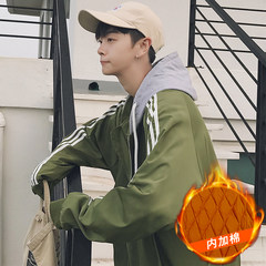 Less men's wear, autumn coat, new Hooded Jacket, Korean trend, handsome students, casual baseball wear 3XL Green thickening