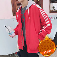 Less men's wear, autumn coat, new Hooded Jacket, Korean trend, handsome students, casual baseball wear 3XL Red thickening
