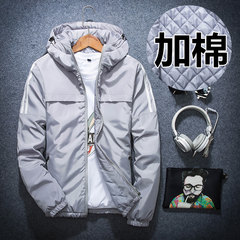 Men's fat thin coat, loose jacket, winter and autumn three bar top coat, big size men's leisure sports, hooded cotton jacket 7XL [210-220 Jin] Three bar [cotton added] - gray