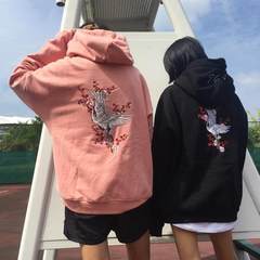 Autumn Korean ulzzang Japanese retro embroidered coat Hooded Crane cashmere sweater with a couple of men and women. M black