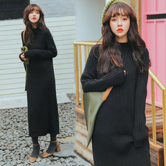 Korean winter, long wool dress knee sleeve head Korean students loose BF thick coarse wool sweater wind S black