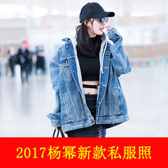 Stars with the same clothes, Yang Mi 2017 new autumn, mid length loose BF Korean jeans jacket female tide students S blue