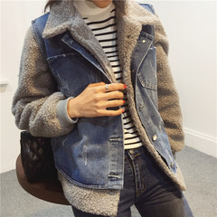 Korean fashion wool coat + denim vest short two sets 2017 autumn winter new jeans lady S Grey suede coat + cowboy vest