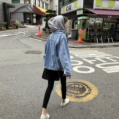 Detachable hood classic old washing BF wind loose hooded casual jeans short coat female autumn S Cowboy black ash