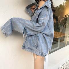 Harajuku style jacket female BF retro chic careful machine hole loose all-match long sleeved denim jacket coat girl S Picture color