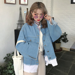 Summer and spring women's wear 2017 new Korean version of fake two pieces of stitching denim jacket BF loose hole, burr, short jacket F Bottoming jacket is not a coat
